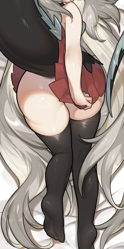 bottomwear clothing dakimakura female horn legwear long_tail pointy_ears rear_view skirt solo tail thick_tail thigh_highs mochi_taichi mythology xenoluxe theli_(xenoluxe) animal_humanoid dragon dragon_humanoid humanoid mythological_creature mythological_scalie scalie absurd_res dakimakura_design hi_res