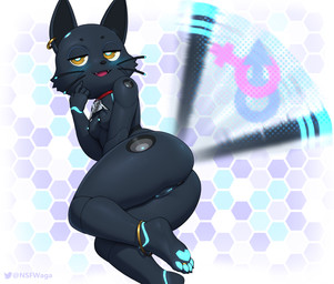 anthro areola biped black_body black_tail blue_pawpads blush breasts butt feet female female_symbol fingers gender_symbol gender_symbol_penetration genitals inviting_to_sex lewd_symbolism looking_at_viewer machine male/female_symbol male_symbol nipples nude nude_anthro nude_female offering_sex pawpads rear_view requesting sex_request sexuality_symbol smile solo symbol tail tail_motion tailwag teeth toes tongue vulva w4g4 hi-fi_rush microsoft tango_gameworks 808_(hi-fi_rush) domestic_cat felid feline felis mammal robot robot_anthro 2026 digital_drawing_(artwork) digital_media_(artwork) hi_res