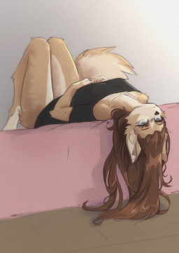 5_fingers anthro barefoot bed biped black_clothing black_topwear breasts brown_eyebrows brown_hair brown_nose clothed clothed_anthro clothed_female clothing countershade_face countershade_feet countershade_fur countershade_legs countershade_neck countershade_tail countershade_torso countershading eyebrows feet female female_anthro fingers fur furniture grey_eyes grey_pupils hair humanoid_hands inner_ear_fluff inside long_hair lying lying_on_bed monotone_clothing monotone_hair monotone_topwear mouth_closed multicolored_body multicolored_fur on_back on_bed pupils slim slim_anthro slim_female small_breasts solo tail tan_body tan_fur three-quarter_view topwear tuft two_tone_body two_tone_fur white_body white_countershading white_fur white_inner_ear white_inner_ear_fluff white_sclera yshanii cotton_(yshanii) canid canine canis dingo mammal 2025 digital_drawing_(artwork) digital_media_(artwork) full-length_portrait hi_res portrait
