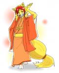 anthro asian_clothing clothed clothing east_asian_clothing fully_clothed japanese_clothing kimono looking_at_viewer male orange_clothing simple_background solo aoi_daiki utau dodger_akame_(character) canid canine mammal 4:5 absurd_res hi_res