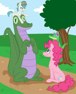 clothing detailed_background female feral flat_cap fur group hat headgear headwear pink_body pink_fur plant quadruped tail toony tree wood cartoonlion friendship_is_magic hasbro my_little_pony gummy_(mlp) pinkie_pie_(mlp) alligator alligatorid crocodilian earth_pony equid equine horse mammal pony reptile scalie