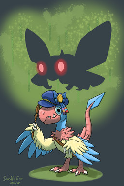 2_fingers 3_toes ambiguous_gender badge biped bipedal_feral blue_body blue_eyes blue_feathers claws clothing conducting_baton cute_fangs duo explorer_badge fangs feathers feet feral finger_claws fingers glowing glowing_eyes glowing_silhouette hat headgear headwear looking_at_viewer male neck_tuft red_body red_eyes red_feathers red_scales scales silhouette silhouetted_body spade_tail standing tail teeth toe_claws toes tuft yellow_body yellow_feathers doesnotexist nintendo pokemon pokemon_mystery_dungeon spike_chunsoft miles_(nonine) archen fossil_pokemon generation_3_pokemon generation_5_pokemon ninjask pokemon_(species) 2025 dated digital_media_(artwork) hi_res signature