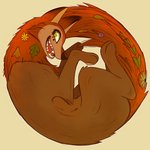 art_nouveau brown_body brown_fur fangs female feral freckles fur green_eyes leaf red_body red_fur simple_background solo teeth articferns cartoon_saloon wolfwalkers mebh_og_mactire canid canine canis mammal wolf 2020 hi_res