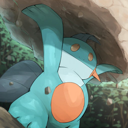 3_fingers 3_toes ambiguous_anthro ambiguous_gender anthro dutch_angle feet fin fingers grey_fin grey_tail head_fin holding_object looking_up mouth_closed multicolored_body multicolored_skin nature orange_body orange_eyes orange_skin plant pupils raised_arms rock semi-anthro solo tail tail_fin teal_body teal_skin toes tree white_body white_skin wide_mouth spicyichizo nintendo pokemon amphibian generation_3_pokemon marshtomp pokemon_(species) 1:1 2026 absurd_res hi_res shaded