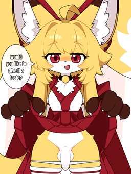 asian_clothing balls bedroom_eyes blush bottomwear clothed clothing clothing_lift collar crossgender east_asian_clothing flaccid flashing flashing_penis fluffy fluffy_tail foreskin ftg_crossgender fti_crossgender fur genitals gynomorph humanoid_genitalia humanoid_penis intersex japanese_clothing legwear long_tail looking_at_viewer miko_outfit narrowed_eyes open_mouth oral_request panties panties_down partially_clothed penis presenting presenting_penis red_eyes requesting seductive sex_request simple_background skirt skirt_lift solo speech_bubble stockings tail text underwear underwear_down upskirt yellow_body yellow_fur km-15 lumen_(km-15) canid canine fox mammal 3:4 english_text hi_res female_(lore)