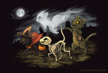 ambiguous_gender bone cape cemetery clothing feral full_moon group hat headgear headwear holidays moon night skeleton witch_hat mewitti halloween animated_skeleton domestic_cat felid feline felis ghost mammal spirit undead zombie