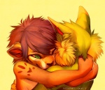 ambiguous_gender anthro duo fur green_body green_eyes green_fur hug orange_body orange_fur simple_background falvie katanimate falvie_(character) canid fionbri mammal digital_media_(artwork)