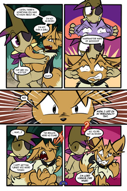 5_panel_comic ambiguous_gender answer bandage biped black_cape black_clothing black_eyes black_nose black_text brown_body brown_fur brown_hair cape clenched_teeth clothing dialogue dot_pupils duo ellipsis exclamation_point eye_patch eyebrows eyelashes eyes_closed eyewear feral fluffy fluffy_tail fur hair holding_another looking_at_another neck_tuft one_eye_obstructed open_mouth outside page_number paws plant pupils purple_eyes purple_scarf question question_mark questioning_ellipsis scarf sharp_teeth shrub speech_bubble standing tail talking_to_another teeth text tongue toony translucent translucent_hair tuft tusks white_sclera virmir nintendo pokemon pokemon_mystery_dungeon spike_chunsoft virmir_(character) zinc_(zincxiron) axew ditto_(pokemon) eevee generation_1_pokemon generation_5_pokemon pokemon_(species) 2025 2:3 absurd_res comic english_text hi_res signature