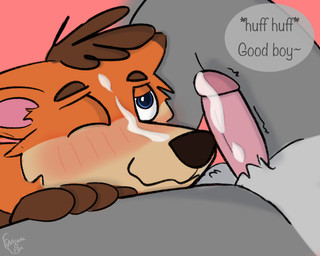 after_orgasm anthro blush bodily_fluids crotch_sniffing cum cum_on_face cum_on_penis duo erection genital_fluids genitals good_boy male male/male one_eye_closed penis sniffing text flamsical_fox english_text hi_res