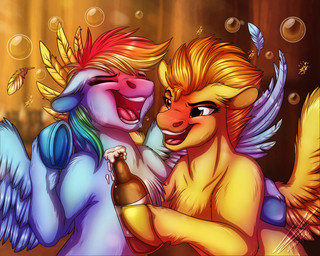 alcohol beer beer_bottle beverage blue_body blue_fur blush bottle brown_eyes bubble container duo feathered_wings feathers female fur hair multicolored_hair rainbow_hair wings yellow_body yellow_fur lupiarts friendship_is_magic hasbro my_little_pony mythology rainbow_dash_(mlp) spitfire_(mlp) wonderbolts_(mlp) equid equine mammal mythological_creature mythological_equine pegasus 5:4 hi_res
