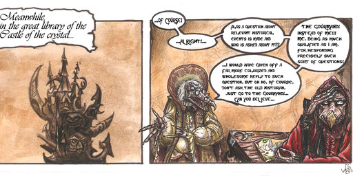 angry anthro beak clothed clothing dialogue duo elderly fangs fully_clothed furniture gown humor inside multi_limb renaissance_clothing speech_bubble teeth text skekla_(artist) ask_the_skeksis the_dark_crystal skekla_the_illustrator skekok_the_scroll_keeper alien skeksis 2017 comic english_description english_text hi_res signature herm_(lore)