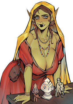 big_breasts black_lips blue_eyes breasts brown_hair cleavage clothed clothing curvy_figure dress ears_through_headwear female green_body hair hood humanoid_pointy_ears lips pointy_ears shawl solo tusks voluptuous voluptuous_female wide_hips ykshelter humanoid orc hi_res