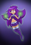 aura blue_eyes breasts clothing cosplay crossover_cosplay female footwear hair humanoid_pointy_ears looking_at_viewer midriff navel not_furry purple_hair simple_background smile solo snowmantofu dc_comics shantae_(series) teen_titans wayforward shantae starfire_(teen_titans) genie humanoid absurd_res crossover hi_res