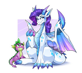 alternate_species blush duo fangs female feral gem hair horn male membrane_(anatomy) membranous_wings purple_body purple_hair sitting teeth white_body wings buvanybu friendship_is_magic hasbro my_little_pony mythology rarity_(mlp) spike_(mlp) dragon mythological_creature mythological_scalie scalie absurd_res hi_res