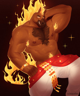 anthro clothed clothing fire flaming_hair flaming_mane flaming_tail male muscular muscular_anthro muscular_male pseudo_hair pseudo_mane solo tail topless topless_anthro topless_male caldatelier chinese_zodiac new_year_2026 year_of_the_horse equid equine horse mammal 2026 5:6 hi_res