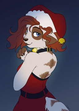 anthro bell bell_collar blue_eyes breasts brown_hair christmas_clothing christmas_headwear clothing collar female hair hat headgear headwear holidays looking_at_viewer looking_back looking_back_at_viewer red_clothing santa_hat simple_background smile solo tail halcy0n christmas haley_baxter herpestid mammal meerkat 2026 digital_media_(artwork) hi_res