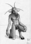 abs anthro balls biped claws crotch_fur fangs flaccid fur fuzzy_balls genitals hand_on_leg hooves horizontal_pupils horn kneeling male navel nipples penis pupils solo teeth dekxer bovid caprine caprine_demon demon mammal satyr 2019 absurd_res dated graphite_(artwork) hi_res monochrome traditional_media_(artwork)