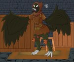 anthro armor black_body black_feathers clothed clothing feathers female hood leather leather_clothing no_pupils solo spread_wings white_eyes winged_arms wings triti_(artist) lunacid_(video_game) sheryl_the_crow avian bird corvid corvus_(genus) crow oscine passerine absurd_res hi_res