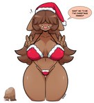 2023 anthro arm_tuft big_breasts bikini blep breasts brown_body brown_fur brown_hair christmas christmas_bikini christmas_clothing christmas_headwear clothing collarbone dialogue double_v_sign english_text female fur generation_2_pokemon gesture hair hair_over_eyes hand_gesture hat headgear headwear hi_res holidays i_am_kat95 long_hair nintendo piloswine pokemon pokemon_(species) santa_hat shoulder_tuft solo swimwear text thick_thighs thigh_gap tongue tongue_out tuft v_sign wide_hips