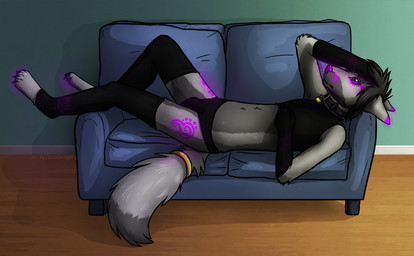 anthro biped black_hair bulge clothed clothing collar countershading detailed_background dipstick_tail facial_piercing fluffy fluffy_tail footwear fur furniture glowing grey_body grey_countershading grey_fur hair inside latex leather legwear lip_piercing lock lying male markings multicolored_tail padlocked_collar panties pawpads piercing pose purple_eyes purple_markings purple_nose purple_pawpads ring runes side_view skimpy snakebite_piercing socks sofa solo tail tail_markings toeless_footwear toeless_socks underwear octobertiger artiske-fox canid canine fox mammal shaded