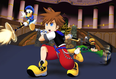 black_body black_fur blue_eyes blue_sclera brown_hair clothing feathers fight fur group hair hat headgear headwear magic magic_user male melee_weapon shield sword weapon white_body white_feathers quesogr7 disney kingdom_hearts square_enix donald_duck goofy_(disney) sora_(kingdom_hearts) anatid anseriform avian bird canid canine canis domestic_dog duck human mammal hi_res