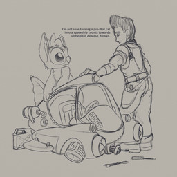 ambiguous_gender anthro dialogue duo eye_contact grey_background looking_at_another male mechanic simple_background size_difference spacecraft text vehicle petrock disney fallout lilo_and_stitch microsoft fan_character ovni sturges alien experiment_(lilo_and_stitch) human mammal 1:1 crossover english_text greyscale monochrome