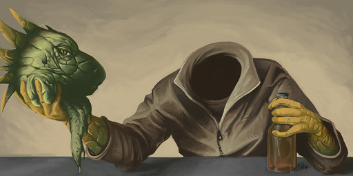 5_fingers ambiguous_gender anthro bottle clothed clothed_anthro clothing container fingers green_body green_scales grey_clothing grey_jacket grey_topwear headless holding_bottle holding_container holding_head holding_object jacket looking_at_viewer pupils scales slit_pupils solo topwear yellow_body yellow_eyes yellow_scales deriaz iguana iguanid lizard reptile scalie 2014 bust_portrait digital_drawing_(artwork) digital_media_(artwork) portrait