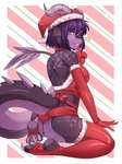 anthro biped butt christmas_clothing christmas_headwear clothed clothing female hair hat headgear headwear holidays horn kneeling latex looking_at_viewer one_eye_closed santa_hat skimpy smile solo tail wink iwbitu christmas mythology yubi_clearsky dragon mythological_creature mythological_scalie scalie digital_media_(artwork) hi_res shaded