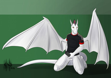 anthro balls black_clothing black_frill black_glans black_shirt black_t-shirt black_topwear bottomless brown_eyes claws clothed clothing erection frill_(anatomy) front_view genitals glans grey_penis head_crest head_frill holding_penis kneeling looking_at_viewer male male_anthro membrane_(anatomy) membranous_wings mouth_closed penis red_frill shirt simple_background solo t-shirt tail toe_claws topwear white_balls white_body white_claws white_tail white_wings wings hufnaar mythology dragon mythological_creature mythological_scalie scalie 2014 dated