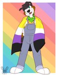 ambiguous_gender anthro black_body black_fur black_hair black_nose black_tail brown_body brown_fur brown_tail clothed clothing eye_through_hair eyebrow_through_hair eyebrows flag floppy_ears front_view fur glistening glistening_eyes grey_clothing grey_overalls hair happy kerchief lgbt_pride logo looking_aside neckerchief neckwear nonbinary_pride_colors open_mouth open_smile overalls pride_color_flag pride_colors rainbow_background simple_background smile solo tail teeth translucent translucent_hair wearing_flag white_body white_fur white_tail heyitsjaq axel_(axeltheaussie) australian_shepherd canid canine canis domestic_dog herding_dog mammal pastoral_dog sheepdog artist_logo hi_res