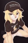 anthro black_background blonde_hair bottomless bottomless_anthro bottomless_female brown_eyes clothed clothing countershade_fur countershading eyelashes female fur genitals grin hair hat headgear headwear high-angle_view looking_at_viewer looking_up looking_up_at_viewer outline print_clothing print_shirt print_t-shirt print_topwear pussy shirt simple_background sitting smile solo t-shirt tan_body tan_fur text text_on_clothing text_on_hat text_on_headwear text_on_shirt text_on_t-shirt text_on_topwear topwear white_outline young young_anthro young_female allypup bird_dog canid canine canis domestic_dog golden_retriever hunting_dog mammal retriever 2024 dated digital_drawing_(artwork) digital_media_(artwork) hi_res shaded signature