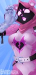 absurd_res anthro armored_gloves bear belt blue_background breasts chest_tattoo enredadera epic_games eye_scar facial_scar featureless_breasts fellatio_gesture female fortnite fur gesture hi_res looking_at_viewer mammal navel obscured_face pink_body pink_fur pink_hood raven_team_leader scar simple_background small_breasts solo sparkles suggestive suggestive_gesture tattoo white_body white_eyes white_fur wide_hips
