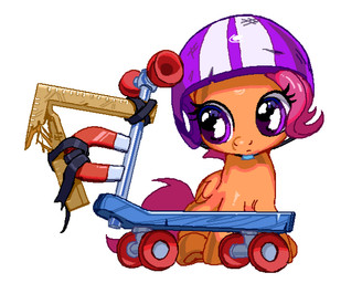 armor female feral hair headgear helmet hooves magnet orange_body purple_eyes purple_hair purple_tail quadruped scooter simple_background sitting solo tail white_background wings mouseuart friendship_is_magic hasbro my_little_pony mythology scootaloo_(mlp) equid equine mammal mythological_creature mythological_equine pegasus hi_res