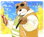 anthro autumn black_nose clothing eyes_closed food hoodie kemono male overweight overweight_male shirt solo topwear inuryu inu_to_kuma pocky pocky_and_pretz_day tomobiki_subaru bear mammal 2024 hi_res