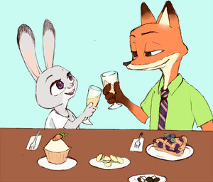 ambiguous_gender anthro beverage blue_background brown_ear_tips buckteeth cupcake cutlery dessert dipstick_ears drupe_(fruit) duo ear_markings food fork fruit fur furniture green_eyes grey_body grey_ear_tips grey_fur holding_beverage holding_object kitchen_utensils looking_at_another multicolored_ears nut_(fruit) open_mouth open_smile orange_body orange_fur pastry pie pistachio_nut plant plate purple_eyes simple_background smile table teeth tools motsuko8 disney zootopia judy_hopps nick_wilde canid canine fox lagomorph leporid mammal rabbit red_fox true_fox