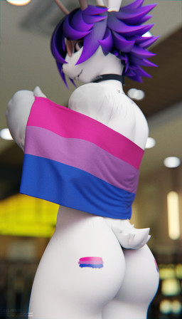 anthro antlers bisexual_pride_colors blurred_background collar flag flag_(object) fur hair horn lgbt_pride male multicolored_hair pride_colors purple_hair solo tail text two_tone_hair white_body white_fur zelferry lgbt_pride_month zelferry_(character) jackalope lagomorph leporid mammal rabbit 2025 3d_(artwork) 4:7 absurd_res blender_(artwork) digital_media_(artwork) film_grain hi_res signature url