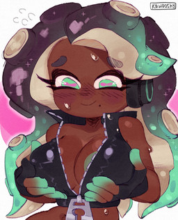 big_breasts blush bodily_fluids breasts brown_body brown_skin cleavage clothed clothing eyebrows eyelashes female fingerless_gloves gloves green_eyes hair handwear holding_breast jacket long_hair markings mole_(marking) not_furry pseudo_hair smile solo sweat sweatdrop tentacle_hair tentacles text topwear zipper kawo_oshy nintendo splatoon marina_(splatoon) aquatic cephalopod humanoid mollusk octarian octoling 2024 artist_name hi_res