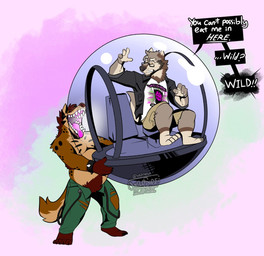 anthro anthro_pred anthro_prey bottomwear clothing duo eyewear glasses gyrosphere holding_vehicle imminent_oral_vore imminent_vore male male/male male_anthro male_pred male_prey open_mouth pants text tongue torn_bottomwear torn_clothing torn_pants wildside wild_(wildside) canid canine hyena mammal 2022 dated english_text hi_res signature watermark