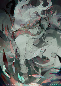 5_fingers ambiguous_gender anthro antlers belt_pouch black_body bottomwear claws clothed clothed_anthro clothing coat coiling eye_markings fin finger_claws fingers fully_clothed fully_clothed_anthro fur green_tail hair hand_on_head hand_on_own_head head_fin head_horn high-angle_view horn looking_at_viewer looking_back looking_back_at_viewer markings mouth_closed pants pink_fin pink_hair pink_markings pupils rear_view red_claws red_tail ripples scales slit_pupils solo standing tail teal_claws tentacles tentacles_around_neck text toe_claws topwear trenchcoat unusual_anatomy unusual_tail water white_body white_bottomwear white_clothing white_eyes white_fin white_fur white_hair white_horn white_pants white_scales white_sclera white_tentacles white_topwear white_trenchcoat yellow_body yellow_scales chiayeeee mammal marine unknown_species 2023 absurd_res chromatic_aberration digital_drawing_(artwork) digital_media_(artwork) english_text full-length_portrait hi_res portrait signature