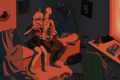 5_fingers ahoge anthro apartment bald bed beverage_can black_eyes blonde_hair blue_clothing blue_hoodie blue_topwear book broom bucket chinese_food chopsticks cleaning_tool clothed clothing condom container detailed_background duo eyelashes female fingers food footwear freckled_face freckled_shoulders freckled_tail freckles furniture green_clothing green_jacket green_topwear hair hoodie human_on_anthro interspecies jacket light-skinned_male light_body light_skin long_hair long_tail male male/female male_human noodles off_shoulder on_bed open_mouth open_smile panties poster_(object) scales sexual_barrier_device shirt sitting smile snout socks tail tail_around_arm tank_top topwear underwear white_body white_clothing white_panties white_scales white_shirt white_tank_top white_topwear white_underwear yellow_sclera purplekatsnek cavemanon_studios snoot_game anon_(snoot_game) judee metal_gear_raymba dinosaur human mammal prehistoric_species reptile saurischian scalie theropod troodon troodontid 2024 3:2 digital_drawing_(artwork) digital_media_(artwork)