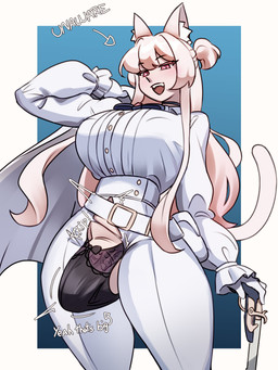 animal_ears animal_tail belt big_breasts black_clothing black_panties black_underwear bottomwear bow_ribbon breasts bulge cape clothing erection erection_under_clothing fangs gun gynomorph hair huge_breasts intersex lace_panties long_hair oblivious panties pants panty_bulge puffy_sleeves ranged_weapon red_eyes smile solo teeth tenting text thick_thighs torn_bottomwear torn_clothing torn_pants unaware_tease underwear wardrobe_malfunction weapon white_bottomwear white_clothing white_pants sunk118 blue_archive nexon kiyosumi_akira animal_humanoid felid felid_humanoid feline feline_humanoid humanoid mammal mammal_humanoid 2025 absurd_res digital_drawing_(artwork) digital_media_(artwork) english_text hi_res