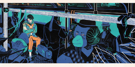 ambiguous_gender anthro beverage clothing container crossed_arms cup drinking eyewear facial_hair fur glasses group hat headgear headwear horn male public_transportation scar sitting solo_focus standing traumatized vyoletzjin edward_prendick ambiguous_species ape bovid caprine goat haplorhine human mammal primate restricted_palette