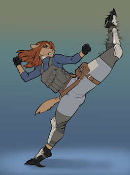 anthro armor belt bottomwear brown_hair bulletproof_vest claws clothed clothing female footwear fur fur_spots gloves green_eyes hair handwear kick leg_armor markings pants pouch_(clothing) shirt shoes sickle_claw simple_background solo spots spotted_body spotted_fur spotted_markings tactical_gear tail tan_body tan_fur toe_claws topwear faint tavi_(maaarked_one) furred_scalie hilachev scalie digital_media_(artwork) hi_res
