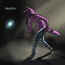 anthro bedroom_eyes clothing colored_lighting femboy footwear fur hair heterochromia legwear looking_at_viewer male narrowed_eyes nude pattern_clothing pattern_legwear pattern_thigh_highs pink_body pink_fur pink_hair seductive skinny socks solo spotlight striped_clothing striped_legwear striped_thigh_highs stripes thigh_highs starlithe star_chrono_(starlithe) canid canine fox mammal 1:1 shaded