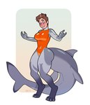 anthro artist_initials barefoot biped blue_eyes blush breasts brown_hair clothed clothing countershade_tail countershading digitigrade feet female fin fully_clothed gender_transformation grey_body grey_countershading grey_markings hair hands_out human_to_anthro looking_down_at_self markings mtf_transformation navel non-mammal_breasts non-mammal_navel one-piece_swimsuit paws shark_tail simple_background smile solo species_transformation standing suit_transformation swimwear tail tail_fin transformation year blackshirtboy pickit fish human mammal marine shark 2023 colored shaded male_(lore)