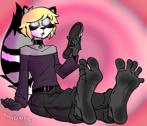 5_toes abstract_background barefoot belt blonde_hair bodily_fluids choker clothing drooling feet female foot_focus footwear hair holding_clothing holding_footwear holding_object holding_shoes humanoid_feet jewelry mind_control necklace plantigrade purple_clothing purple_shirt purple_topwear ringed_eyes saliva shirt shoes short_hair shoulderless_shirt sitting soles toes topwear kimberco camden_hex_(kimberco) mammal procyonid raccoon 2023 hi_res trans_(lore) trans_woman_(lore)