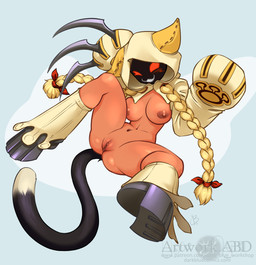 black_tail blonde_hair blush breasts dipstick_tail female hair markings navel nipples one_eye_closed red_eyes solo spread_legs spreading tail tail_markings wink abluedeer arc_system_works blazblue taokaka felid humanoid kaka_(blazblue) mammal 2025 hi_res