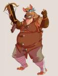anthro bandanna belly brown_body brown_fur captainjusticevirtsuoso clothed clothing crossbow fur gloves grin hair handwear hi_res holding_object holding_weapon hyena kerchief leg_wraps male mammal markings moobs overweight overweight_anthro overweight_male ranged_weapon simple_background smile solo spots spotted_body spotted_fur spotted_hyena standing tan_body tan_fur tan_hair teeth weapon wraps