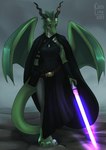 anthro black_cloak black_clothing black_horn cloak clothed clothing female frill_(anatomy) green_body green_scales head_crest head_frill horn jedi lightsaber melee_weapon membrane_(anatomy) membranous_wings purple_lightsaber scales solo tail weapon wings cocoline_(artist) mythology star_wars ethelshai dragon mythological_creature mythological_scalie scalie 2020 absurd_res dated digital_media_(artwork) hi_res shaded