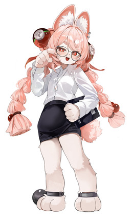 3_toes 5_fingers anklet anthro barefoot bottomwear braided_pigtails clothed clothed_anthro clothed_female clothing ear_piercing ear_ring eyewear feet female fingers flat_chested fully_clothed fully_clothed_anthro fully_clothed_female fur glasses hair inner_ear_fluff jewelry paws piercing pink_body pink_fur pink_hair red_eyes ring_piercing shirt simple_background skirt toes topwear tuft white_background white_clothing white_shirt white_topwear norankkori mihoyo zenless_zone_zero zhao_(zenless_zone_zero) lagomorph leporid mammal rabbit thiren 2026 absurd_res hi_res